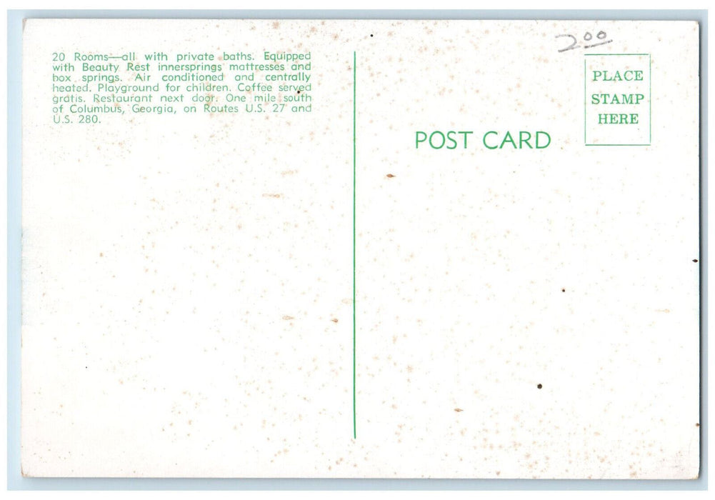 c1940s Georgian Motel, Motel Court with Coffee Service, Columbus GA Postcard