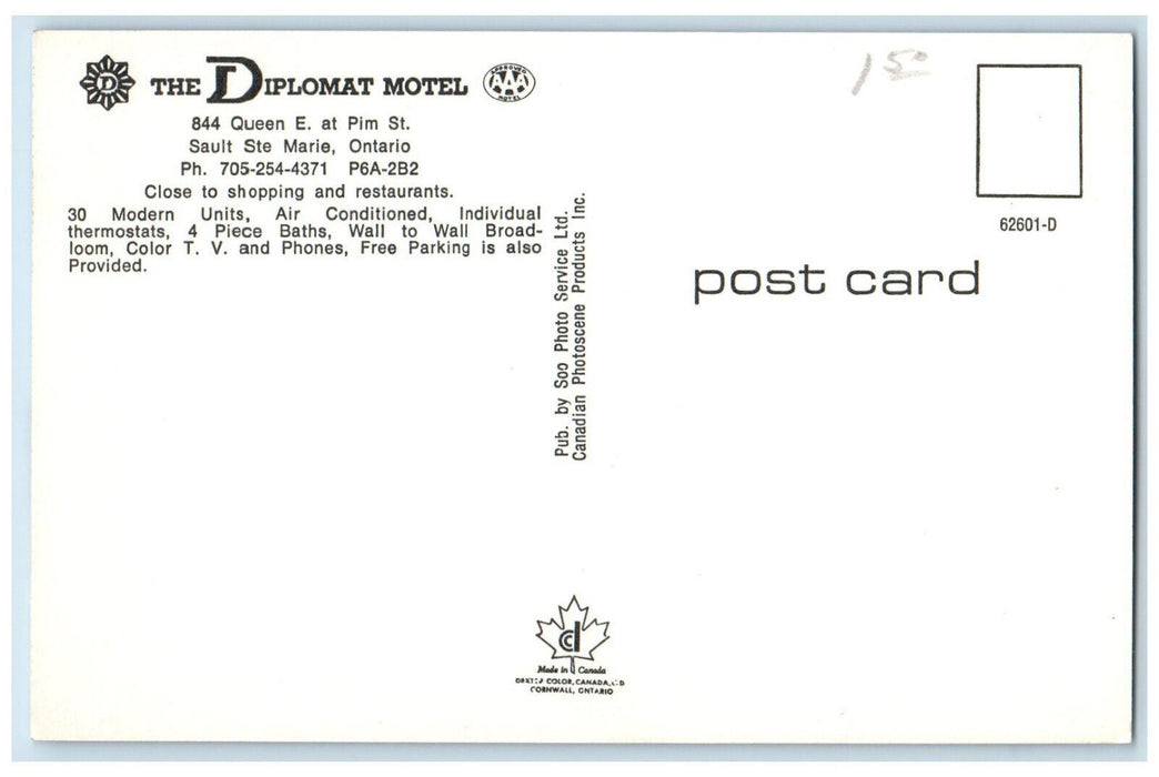 c1970s The Diplomat Motel, Sault Ste Marie Ontario Canada Unposted Postcard