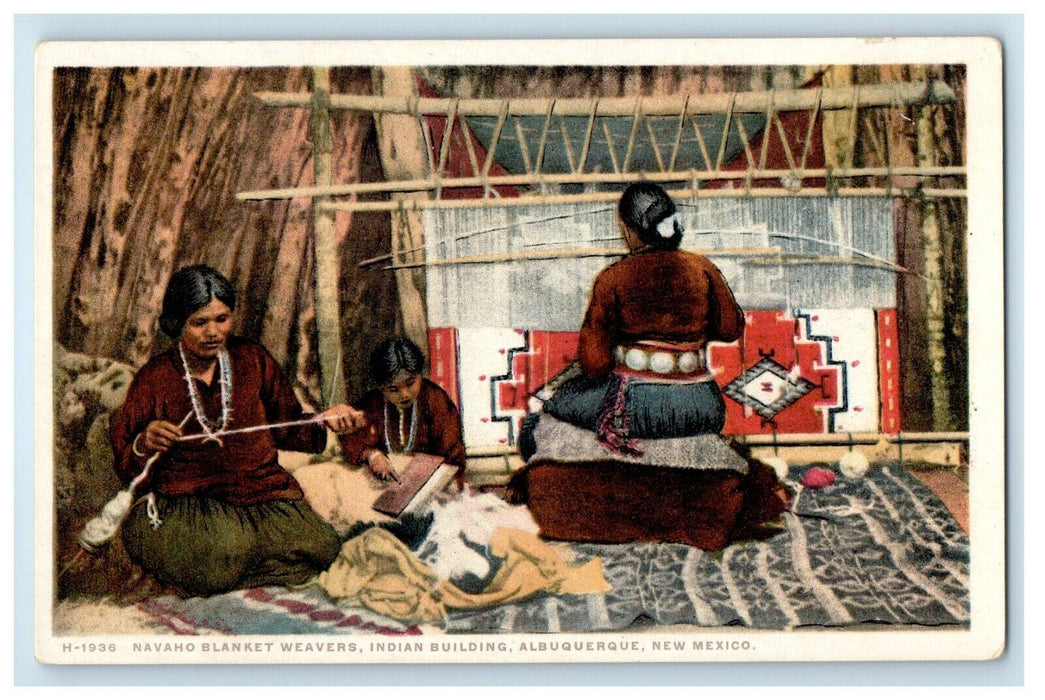 Navaho Blanket Weavers Indian Albuquerque NM, Fred Harvey Phostint Postcard