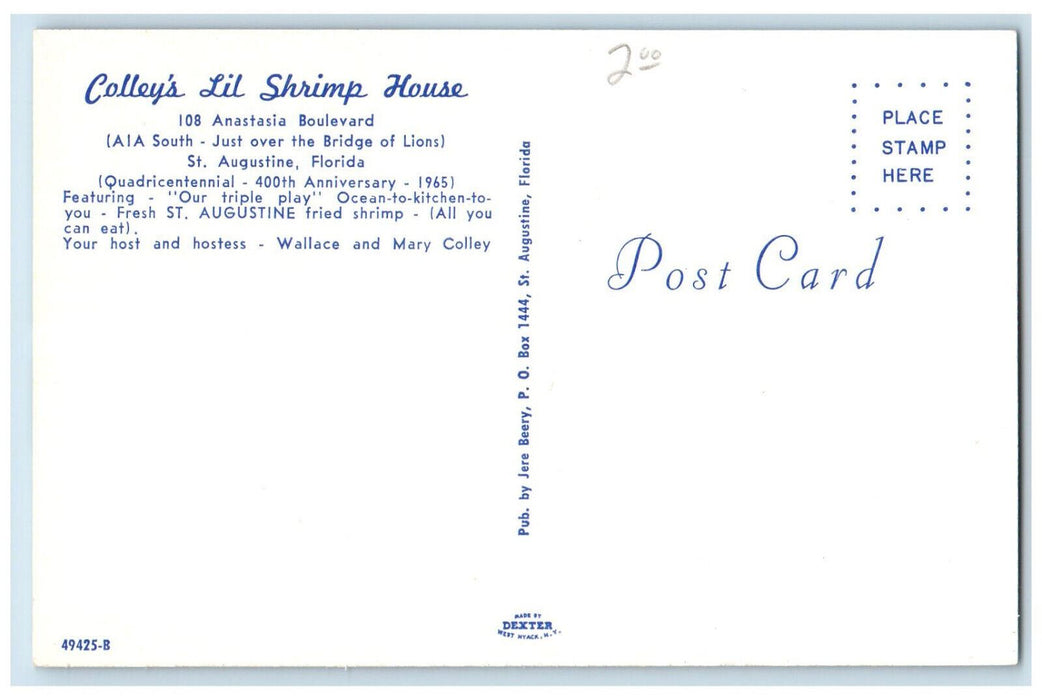c1980s Colley's Lil Shrimp House Anastasia Blvd St Augustine Florida FL Postcard