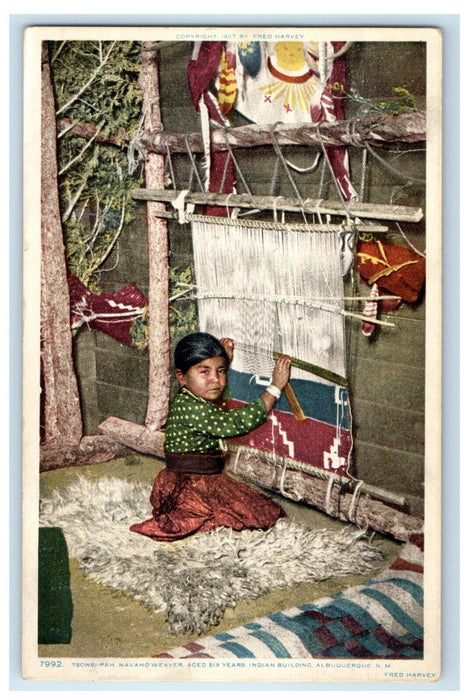 Tsonsi Pah Navaho Weaver Indian Building Albuquerque NM Fred Harvey Postcard