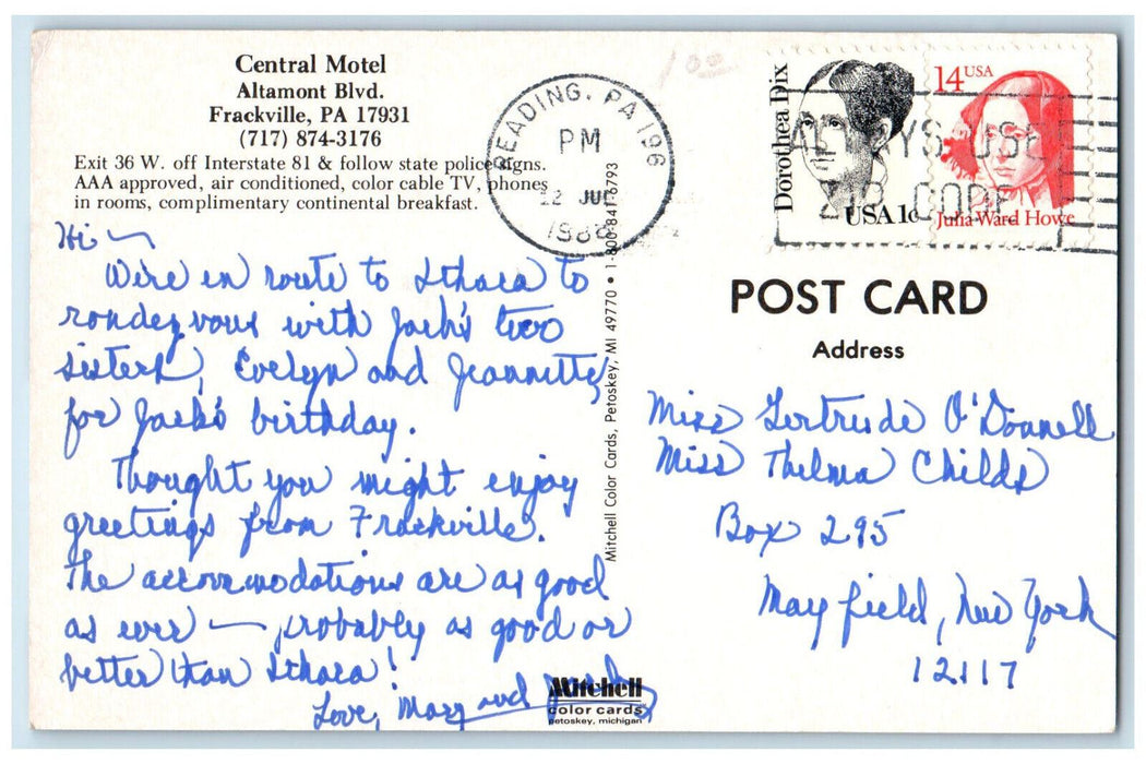 1988 Multiview of Central Motel, Altamont Blvd Frackville PA Postcard