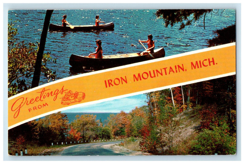 c1950s Canoe Boats, Road Scene, Greetings from Iron Mountain MI Postcard