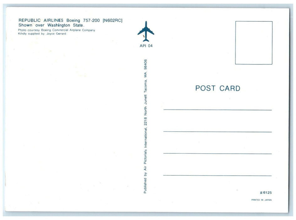 c1970's Republic Airlines Boeing 757-200 (N602RC) Airplane Vintage Postccard