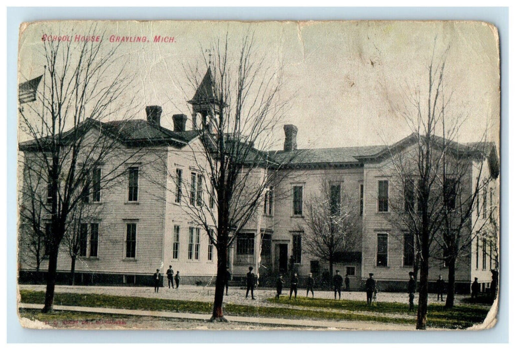 1908 School House Building Street View Grayling Michigan MI Antique Postcard