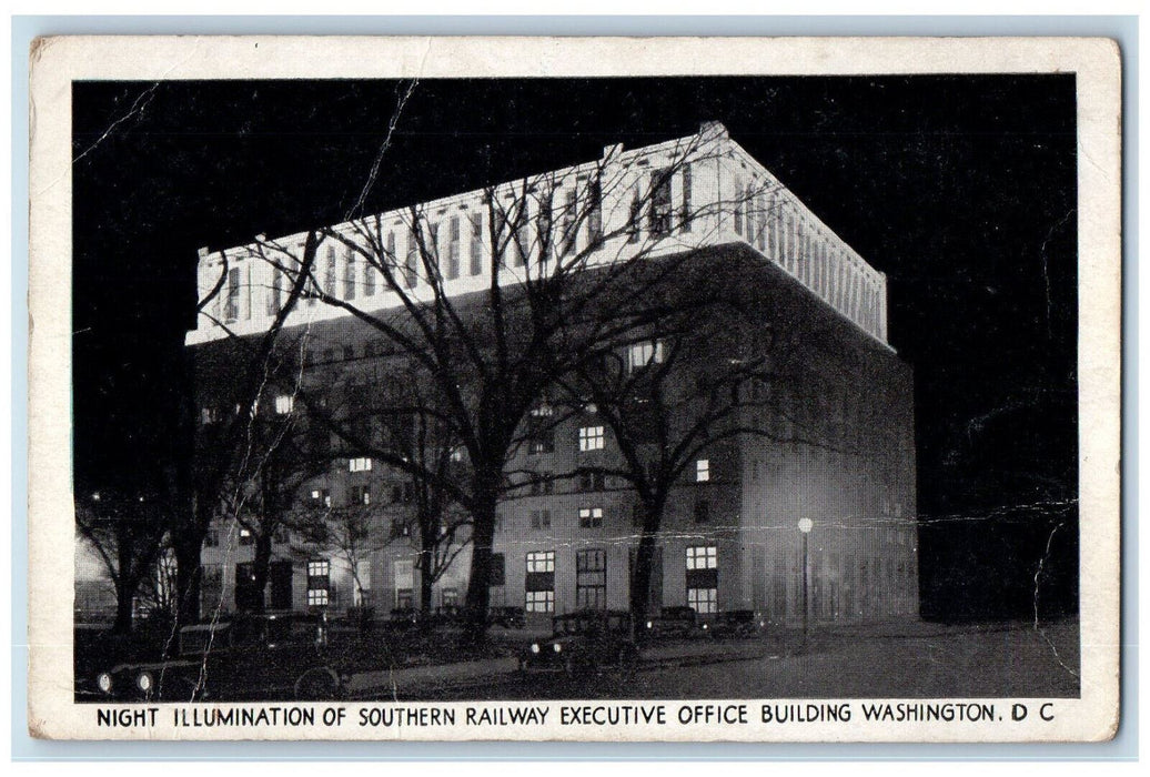 c1920's Night Illumination of Southern Railway Office Washington DC Postcard