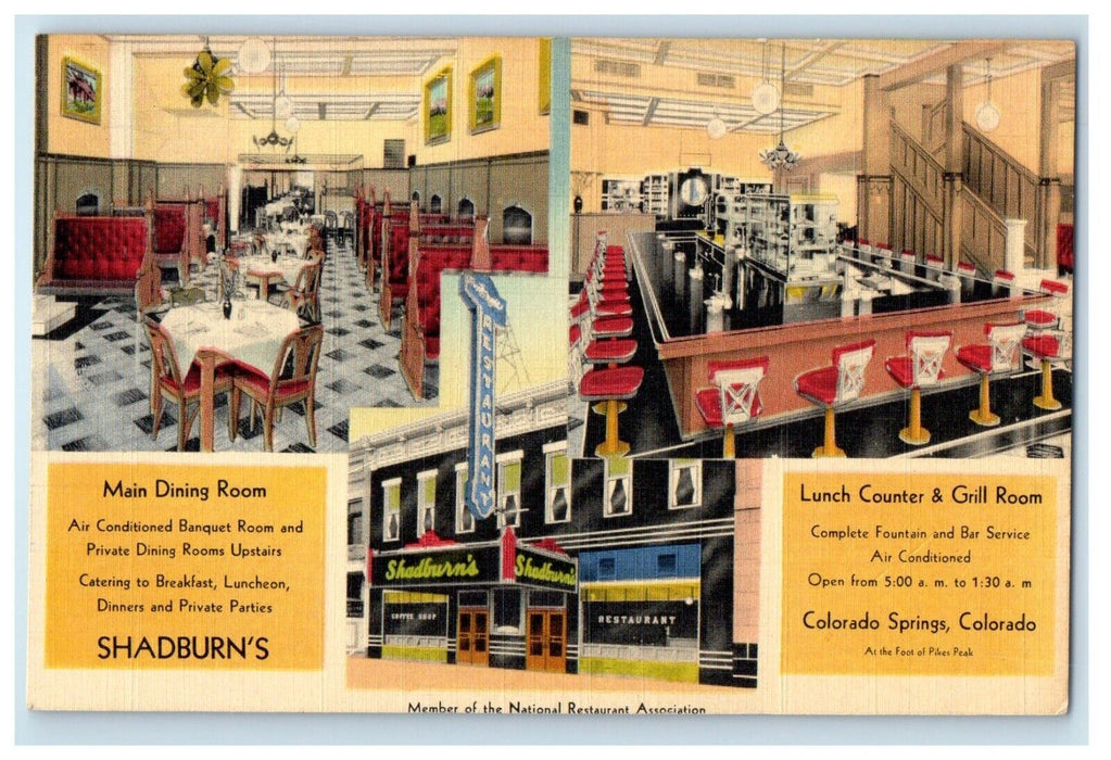 Shadburn's Restaurant Dining Room Lunch Counter Grill CO Springs CO Postcard