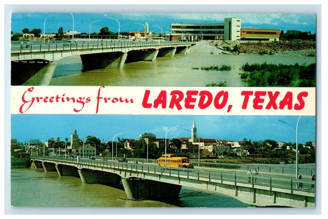 Greetings From Laredo Texas TX, Two Bridges Bus Posted Banner Postcard