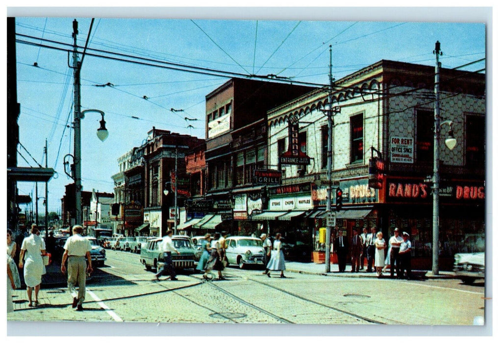 c1950's Wilkinsburg PA, Busiest Corner Of Penn And Wood Rand Durg Store Postcard