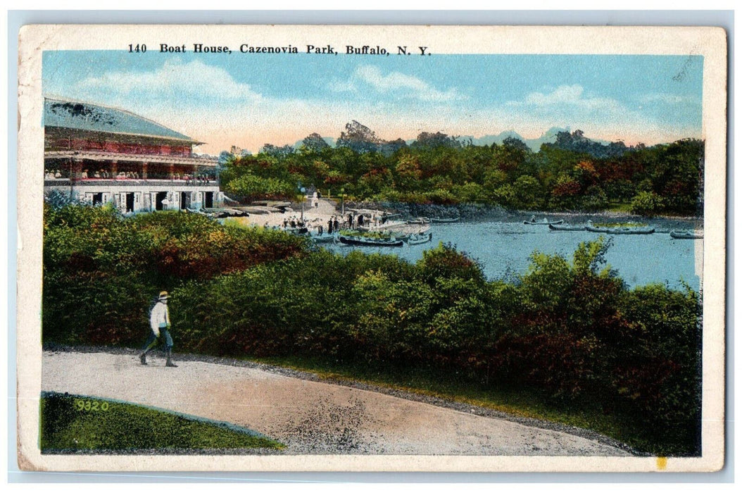 1921 Man Walking, River, Boat House, Cazenovia Park Buffalo New York NY Postcard