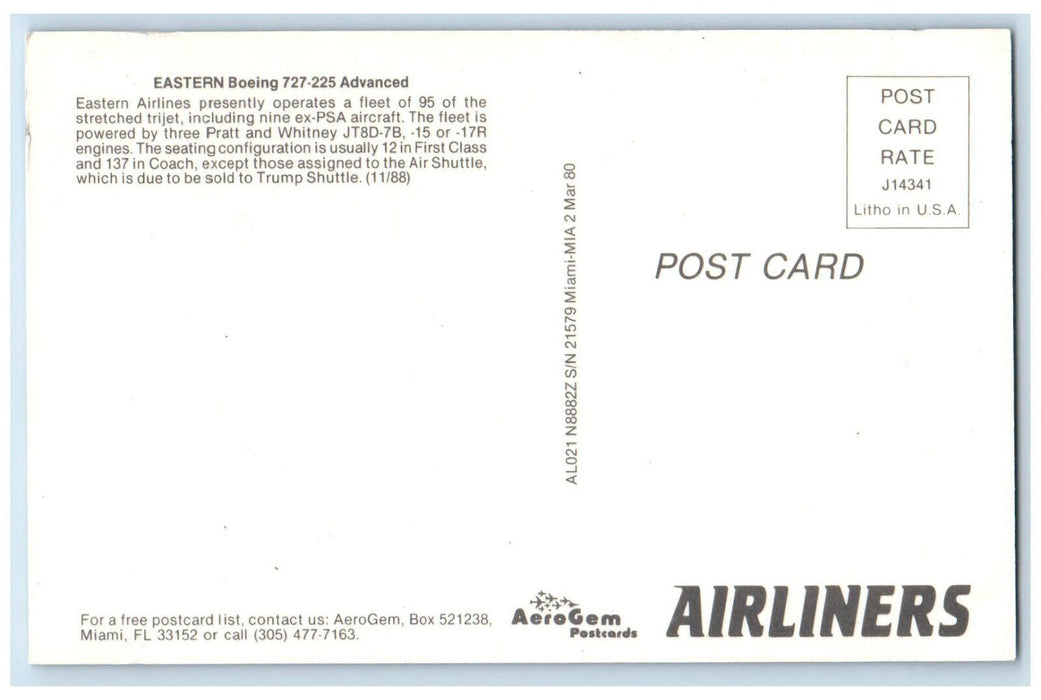 c1960s Eastern Airlines Boeing 727-225 Advanced Airplane N8882Z Postcard