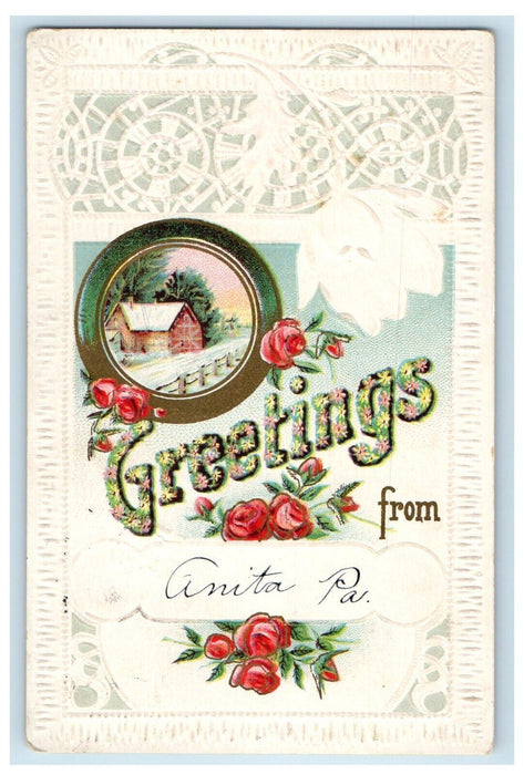 1912 Greetings From Anita Pennsylvania PA, Flowers And House View Postcard