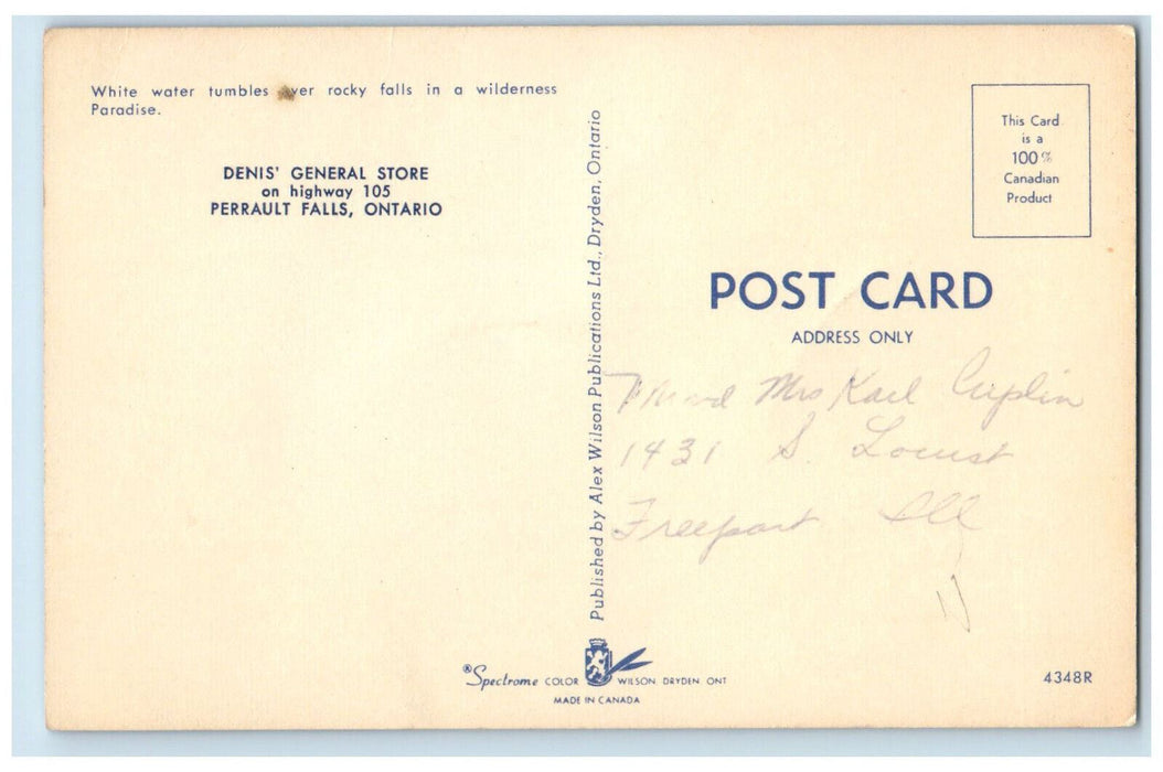 c1950's White Water Tumbles Over Rocky Falls Denis General Store Canada Postcard