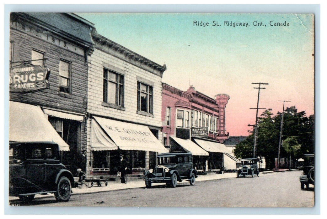 c1910's Drug Grocery Store Hardware Sign Cars Ridgeway Ontario Canada Postcard