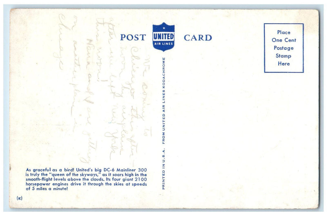 c1950s United's Big DC-6 Mainliner 300 Airplane Queen of Skyways Postcard