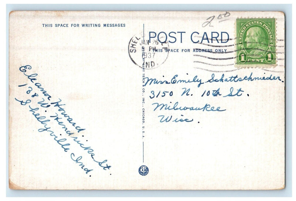 1937 Messick Masonic Temple Shelbyville Indiana IN Posted Vintage Postcard