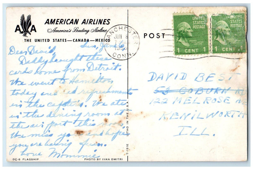 1953 N90745 DC-6 Flagship Airplane Manchester Connecticut CT Posted Postcard