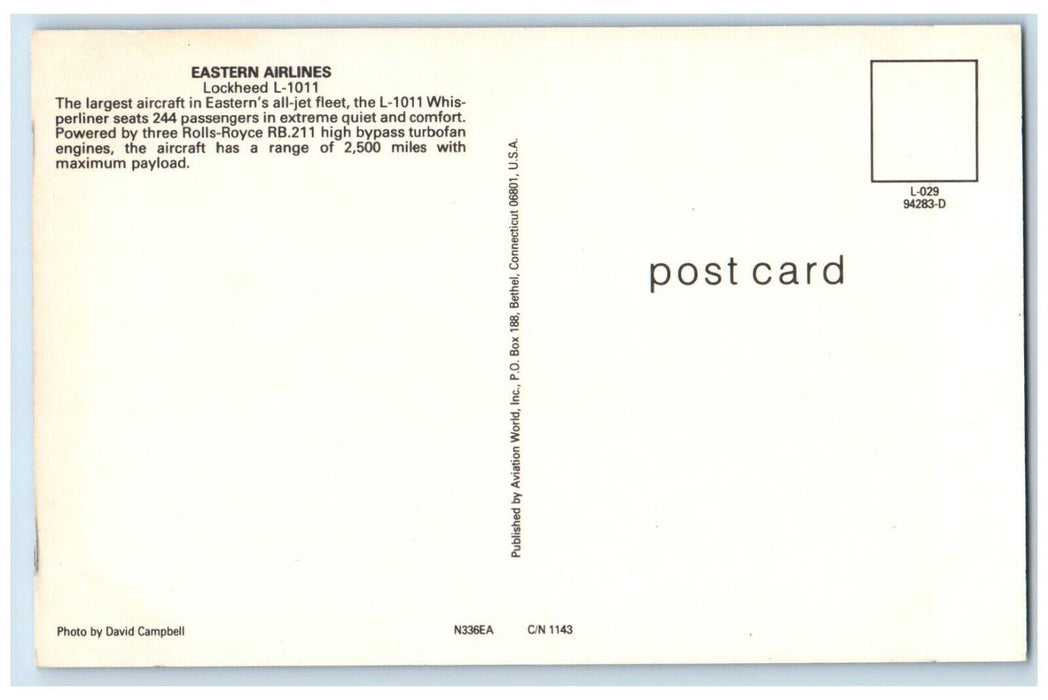 c1960s Eastern Airlines Lockheed L-1011 Airplane N336EA Vintage Postcard
