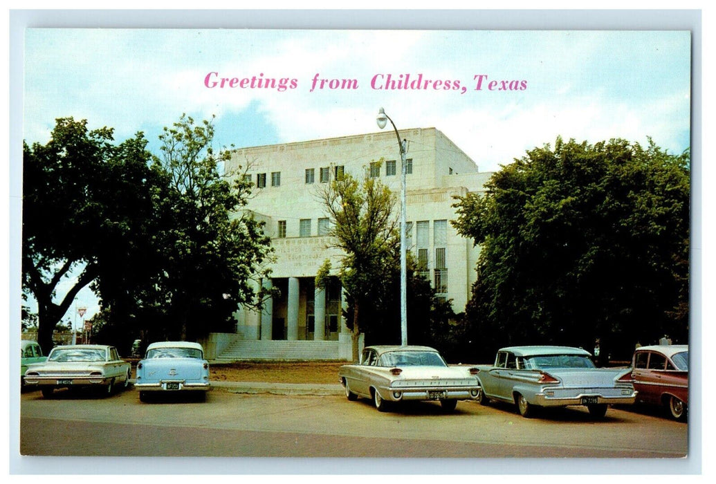 c1960's Greetings From Childress Texas TX, Building Cars Vintage Postcard