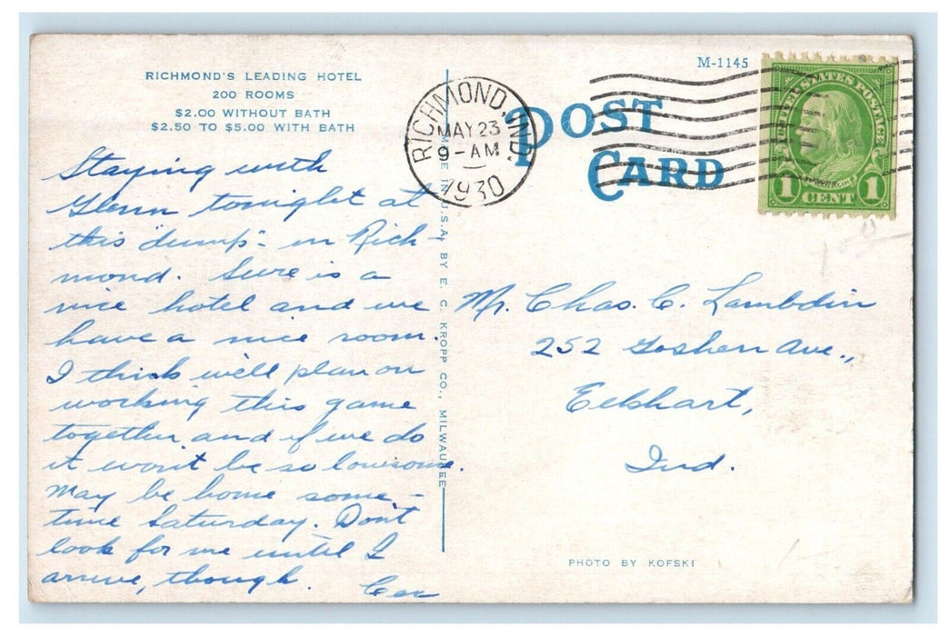 1930 Richmond Leland Hotel Building Richmond Indiana IN Posted Vintage Postcard