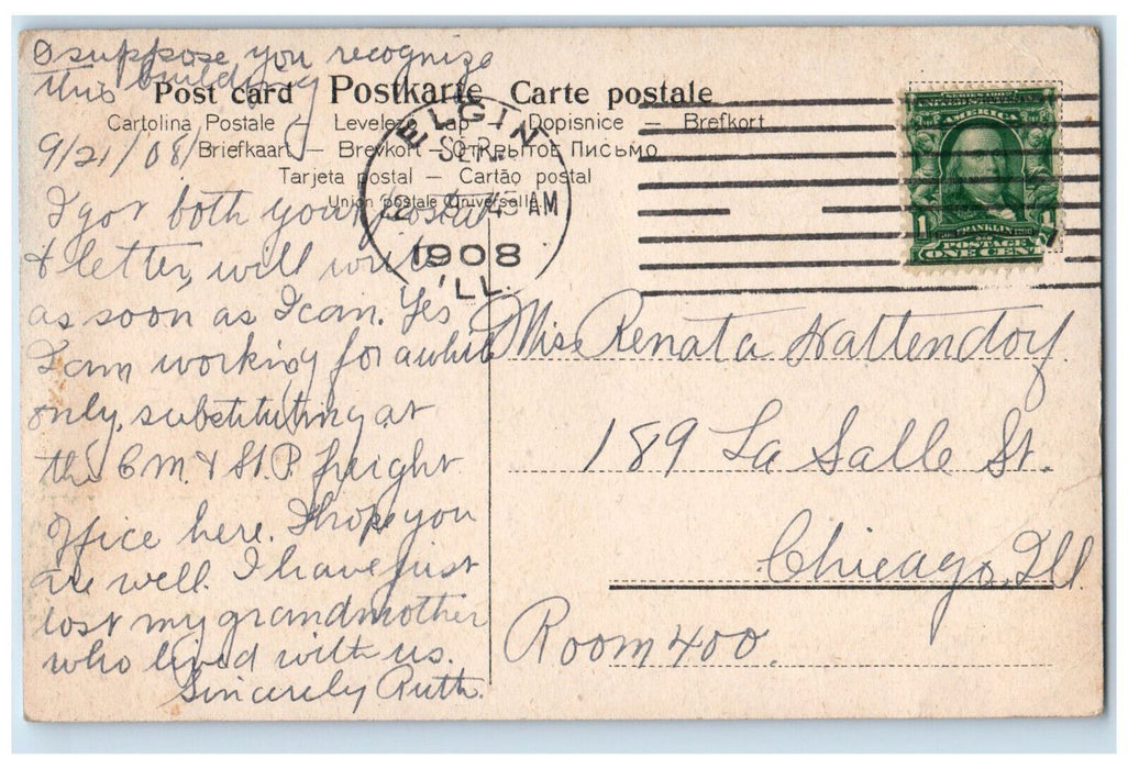 1908 Entrance to Elgin Academy, Elgin Illinois IL Antique Posted Postcard