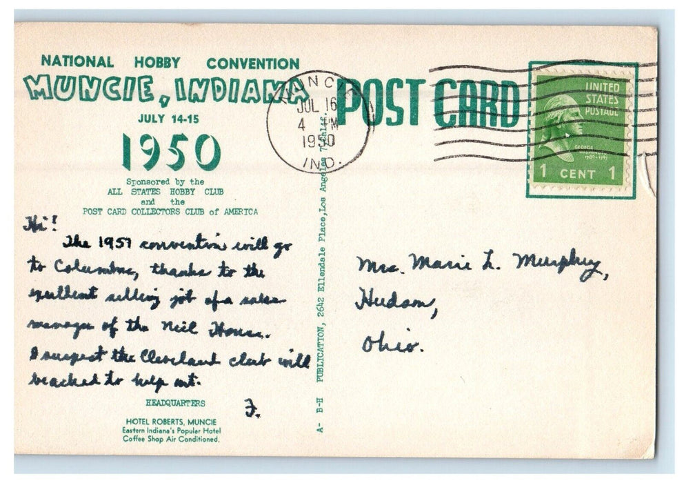 1950 National Hobby Convention Map Muncie Indiana IN Posted Vintage Postcard