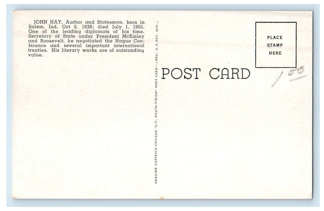 c1930's Birthplace Of John Hay Salem Indiana IN Unposted Vintage Postcard