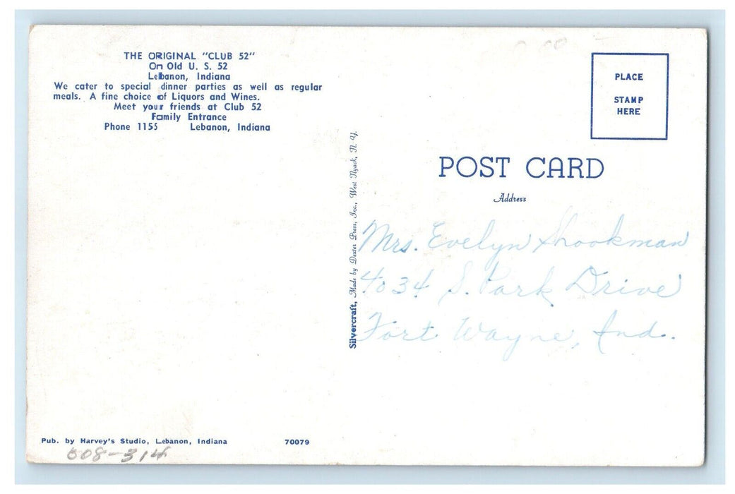 The Original Club 52 Dining Room Interior Lebanon Indiana IN Antique Postcard