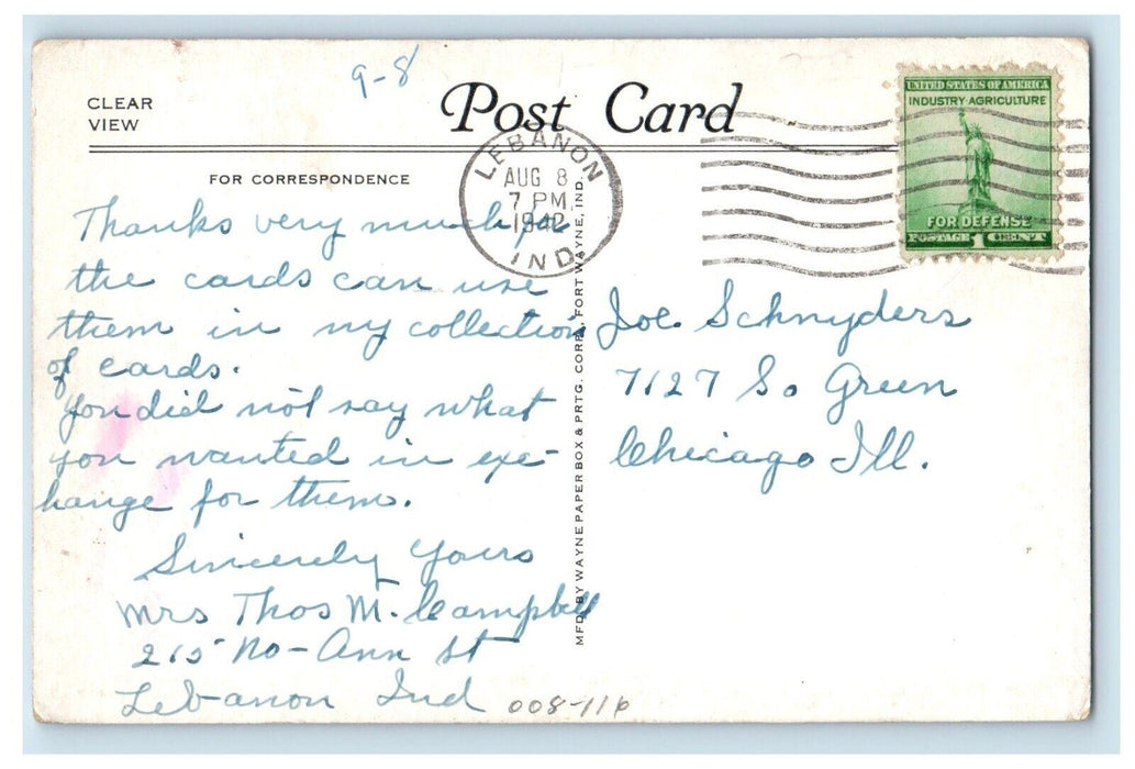 1942 Post Office Building Street View Lebanon Indiana IN Posted Antique Postcard