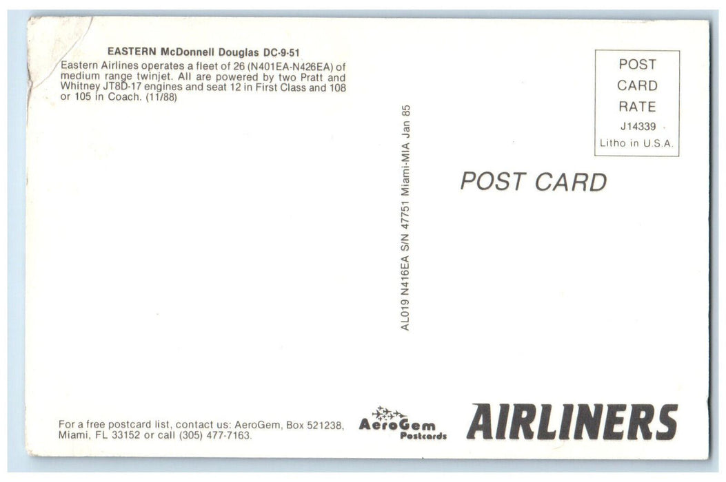 c1960s Eastern McDonnell Douglas DC-9-51 N416EA Airplane Vintage Postcard