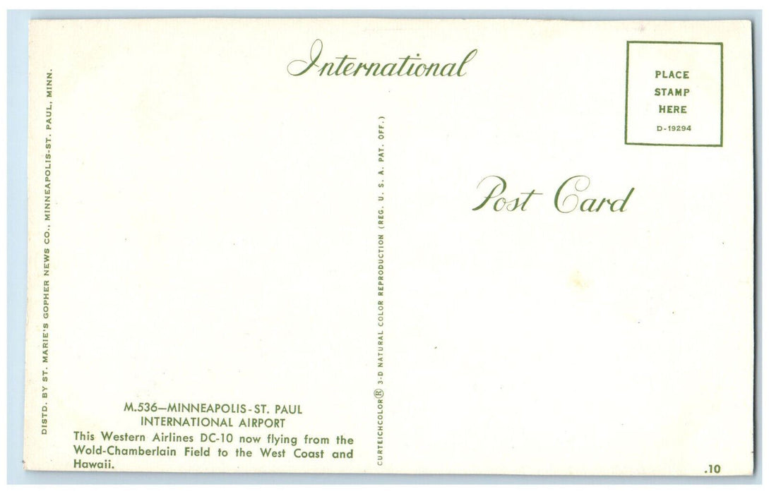 c1950s Western Airlines DC10 Airplane Minn St Paul Intl Airport Postcard