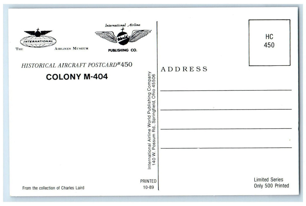c1970s Colony M-404 Airplane, The International Airlines Museum Postcard