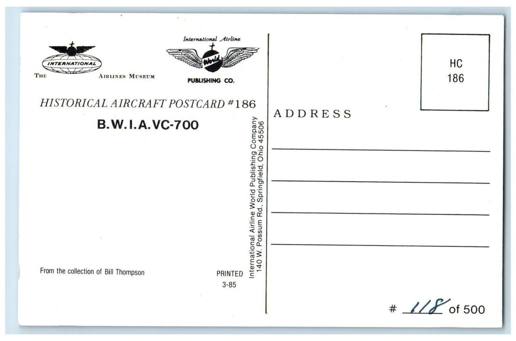 c1970s British West Indian Overseas Airways VC-700 Airplane Unposted Postcard