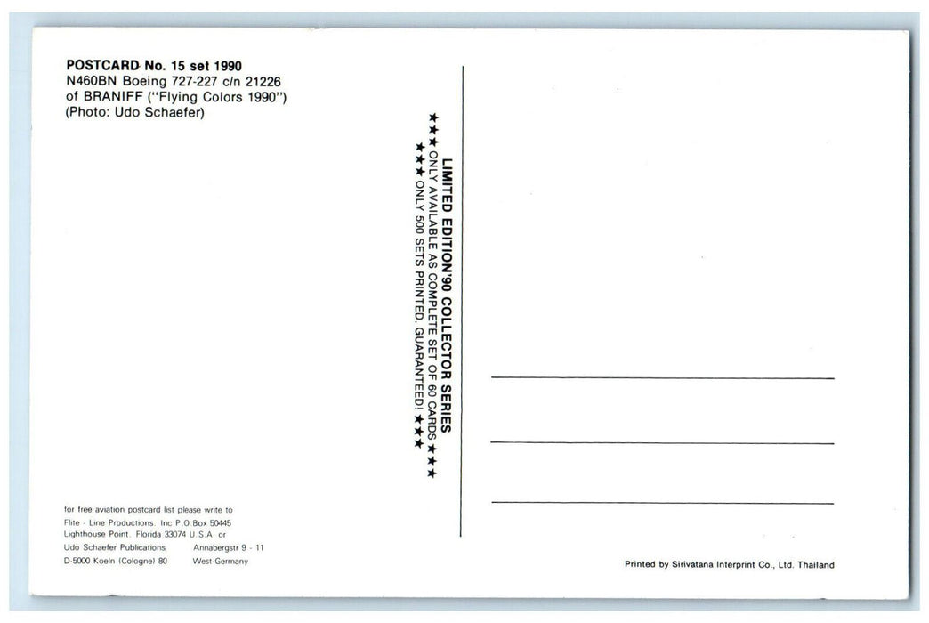 1990 Braniff N460BN Boeing 727-227 C/N 21226 Airplane No.15 Postcard