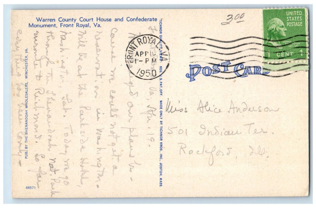 1950 Warren County Court House and Confederate Monument Front Royal VA Postcard