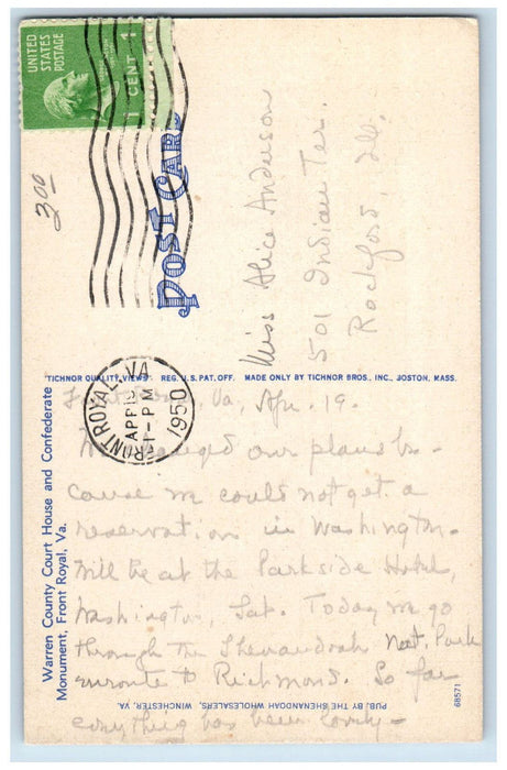 1950 Warren County Court House and Confederate Monument Front Royal VA Postcard