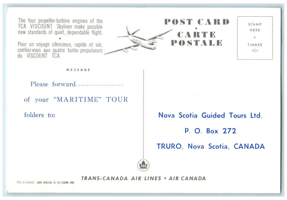 c1930s TCA'S Turbo Prop Viscount Skyliner Airplane Truro Nova Scotia Postcard