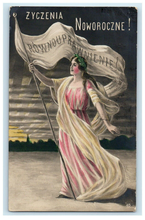 1920 Women's Equal Rights Suffrage Polish New Year Banner Handcolored Postcard