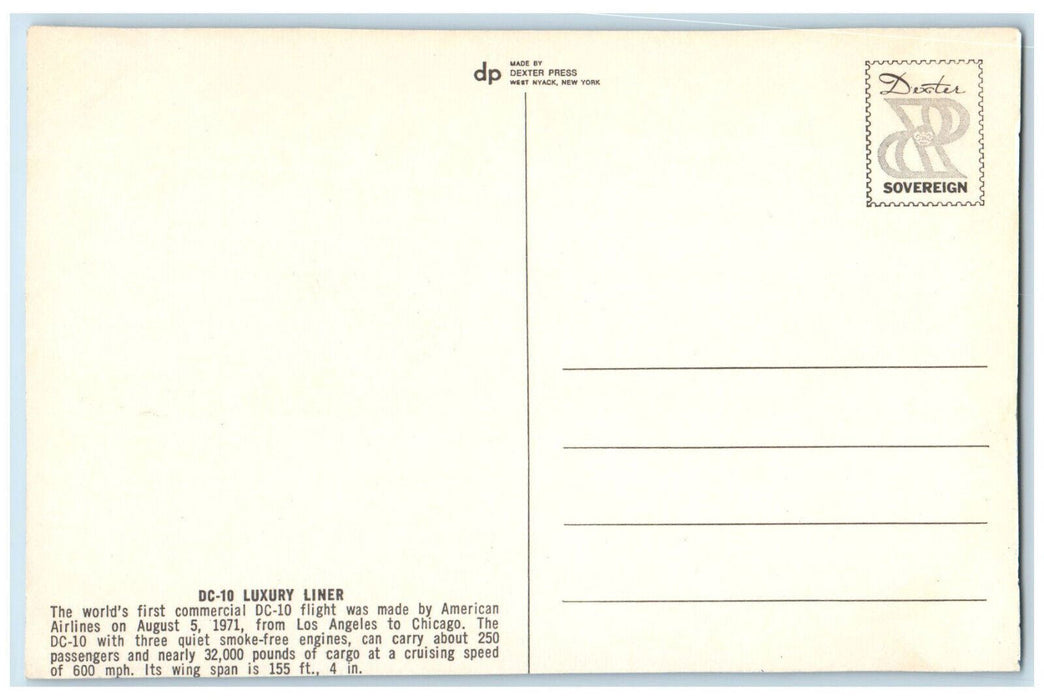 c1950's American Airlines DC-10 Luxury Liner Airplane, Dexter Press Postcard