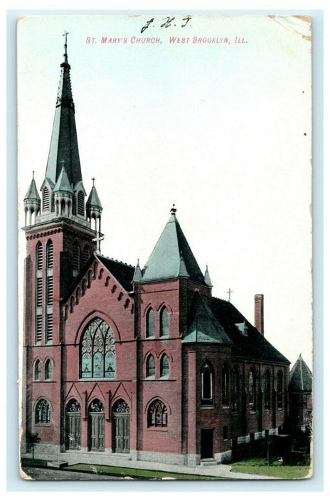 St. Mary's Church West Brooklyn Illinois Burned Down 1908 Antique Postcard