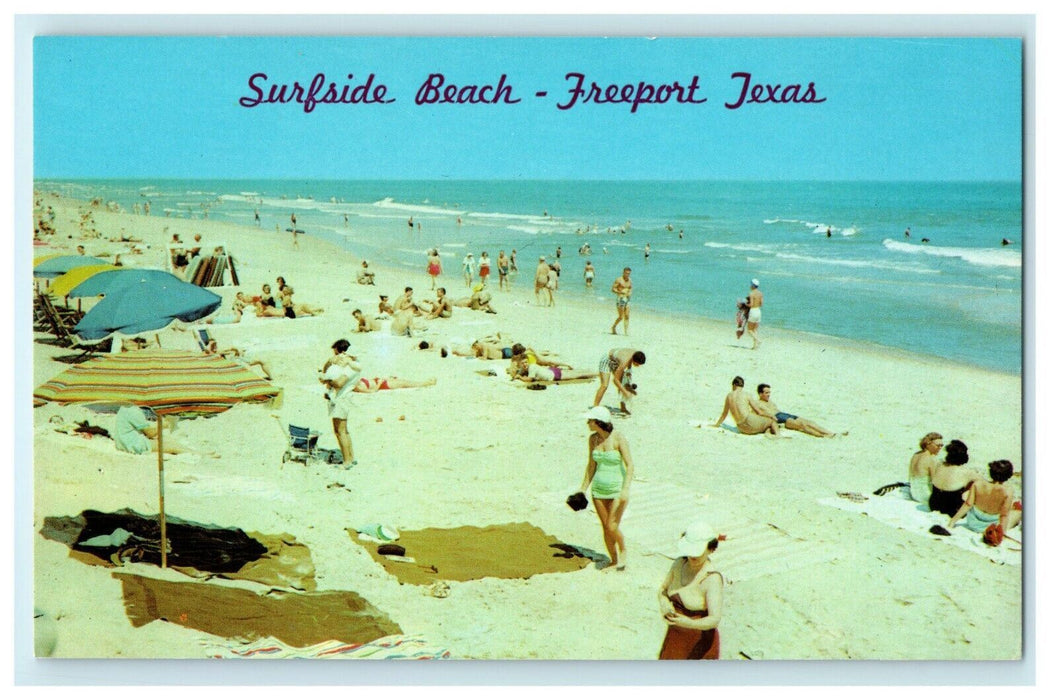 1960 People Swimming and Sunbathing Surfside Beach, Freeport, Texas TX Postcard