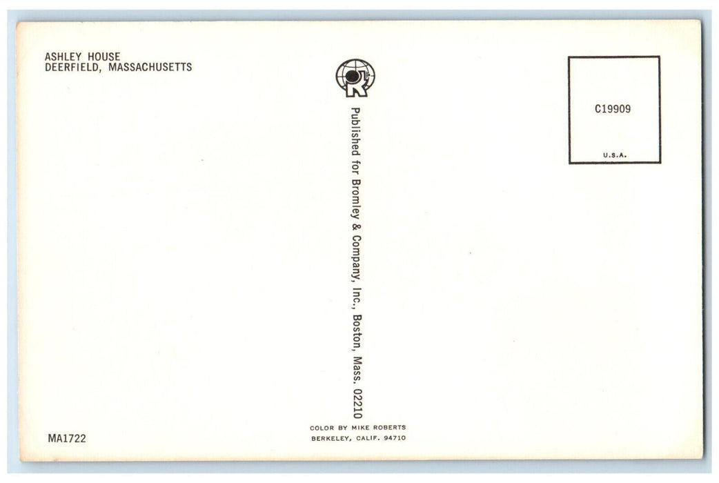 c1970's Ashley House, Deerfield Massachusetts MA Bromley & Company Postcard