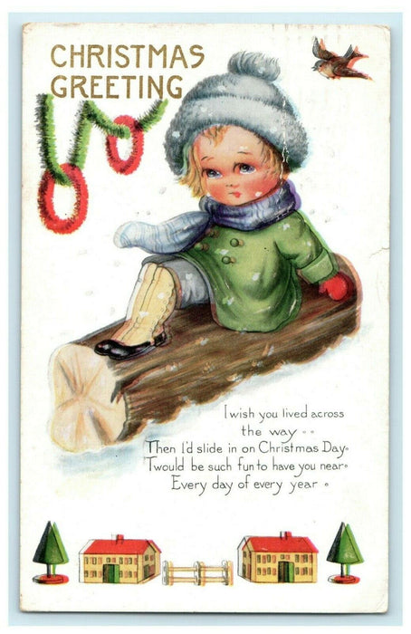 Child Sledding on Log Christmas Whitney 1920's Worcester Massachusetts Postcard