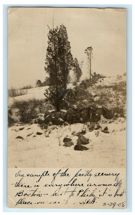 1908 Stone Wall Snow Winter Boston Massachusetts MA RPPC Photo Postcard