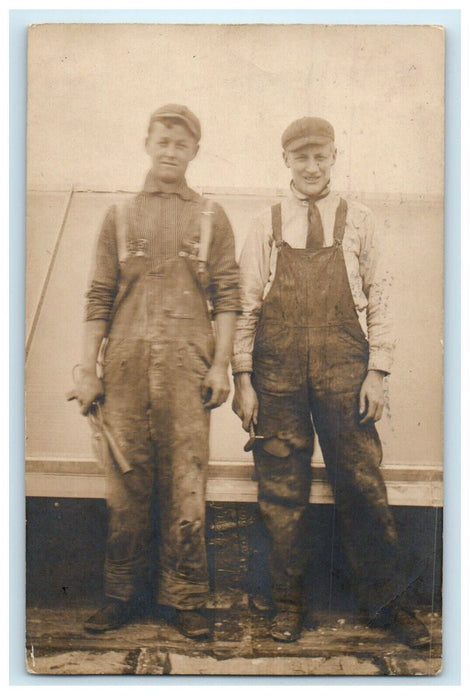 1910 Father And Son Overalls Jumper RPPC Photo Holyoke Massachusetts MA Postcard