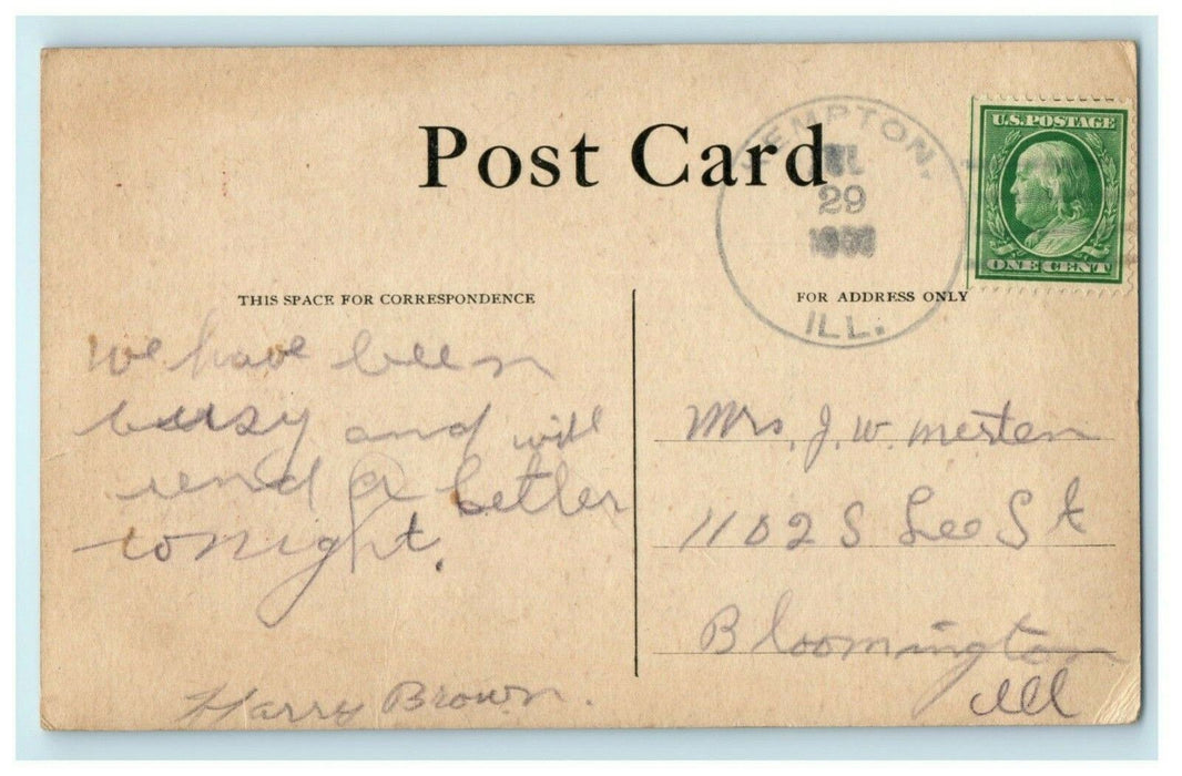 Greetings From Kempton Illinois 1908 Bloomington Antique Postcard