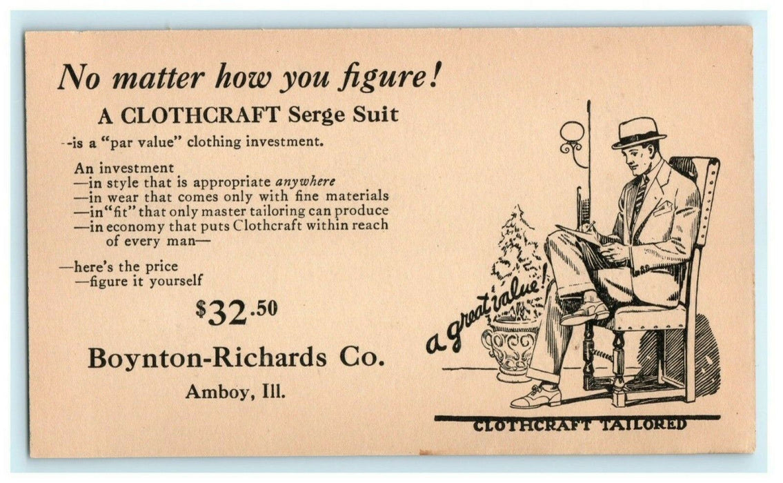 Boynton-richards Men's Clothing Store Advertisement Amboy Illinois 1930 Postcard