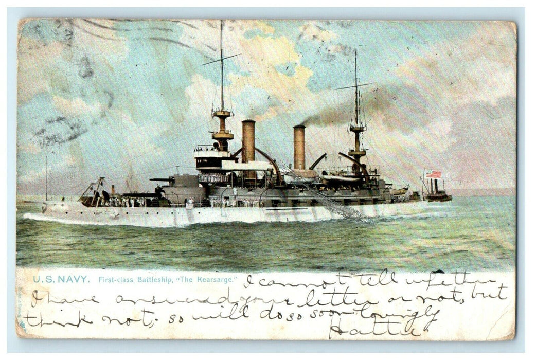 1910 Tuck's U.S Navy First Class Battleship The Kearsarge Pittsfield MA Postcard