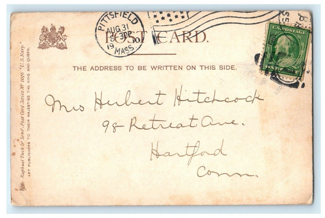 1910 Tuck's U.S Navy First Class Battleship The Kearsarge Pittsfield MA Postcard
