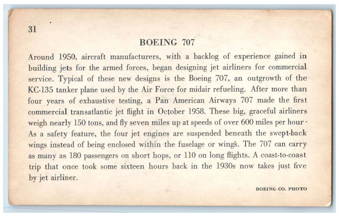c1950's Pan American Airways Boeing 707 Airplane Boeing Co. Photo Postcard